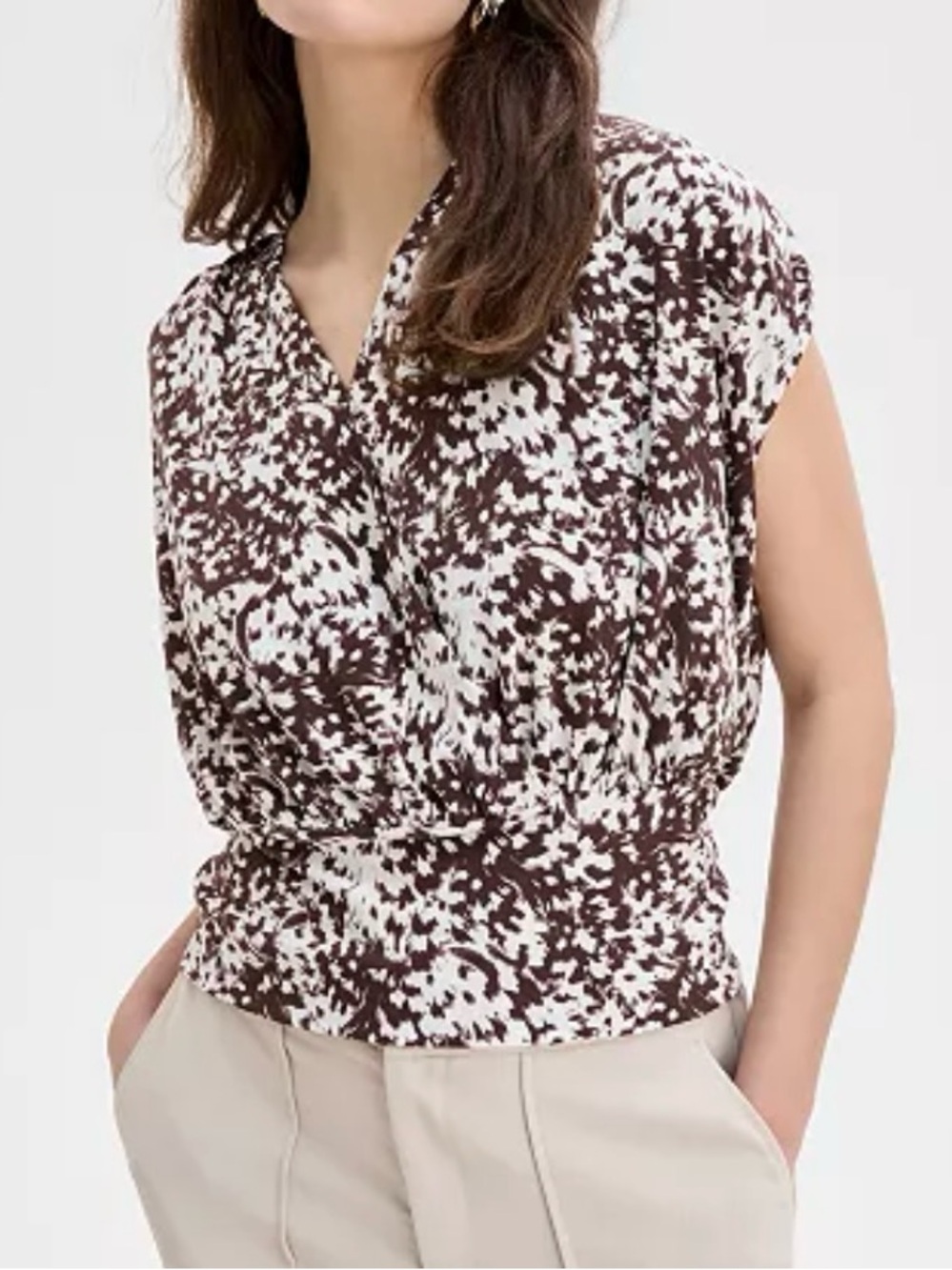 INC International Concepts Brown and White Printed V-Neck Blouse